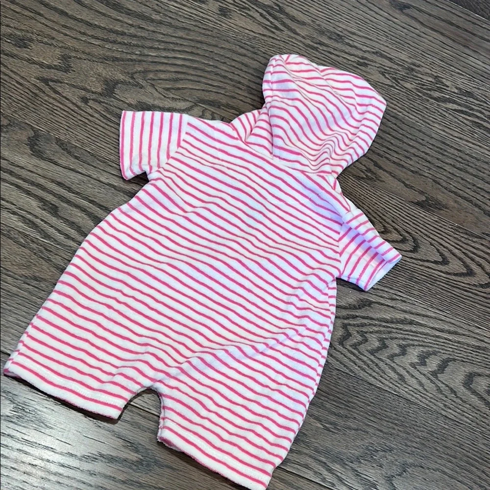 Baby KISSY KISSY Pink and White Striped Hooded Romper 100% pima cotton NWOT 6-9 - Picture 4 of 5